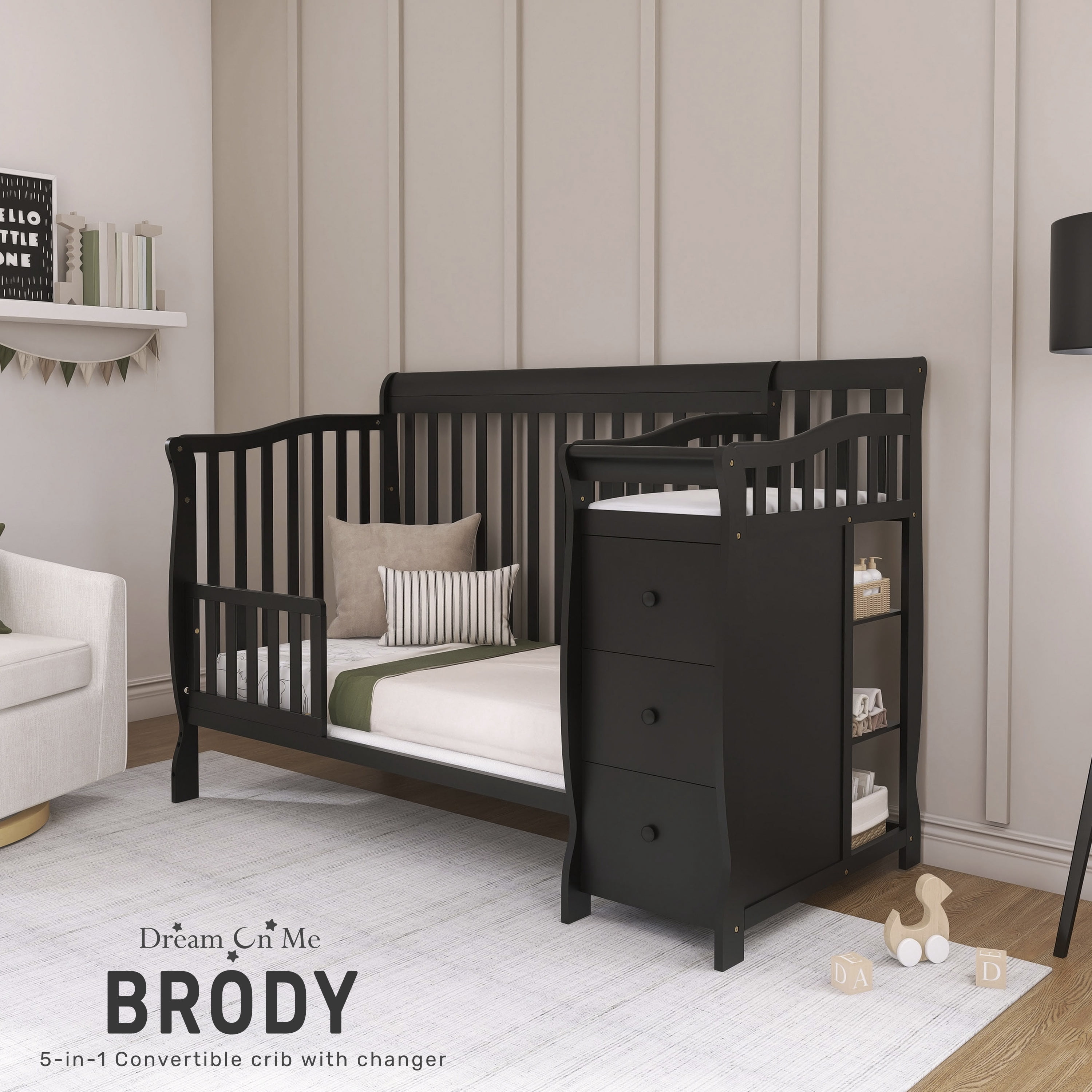 Dream On Me Brody 4-in-1 Fixed-Side Convertible Crib and Changing Table Combo, Black