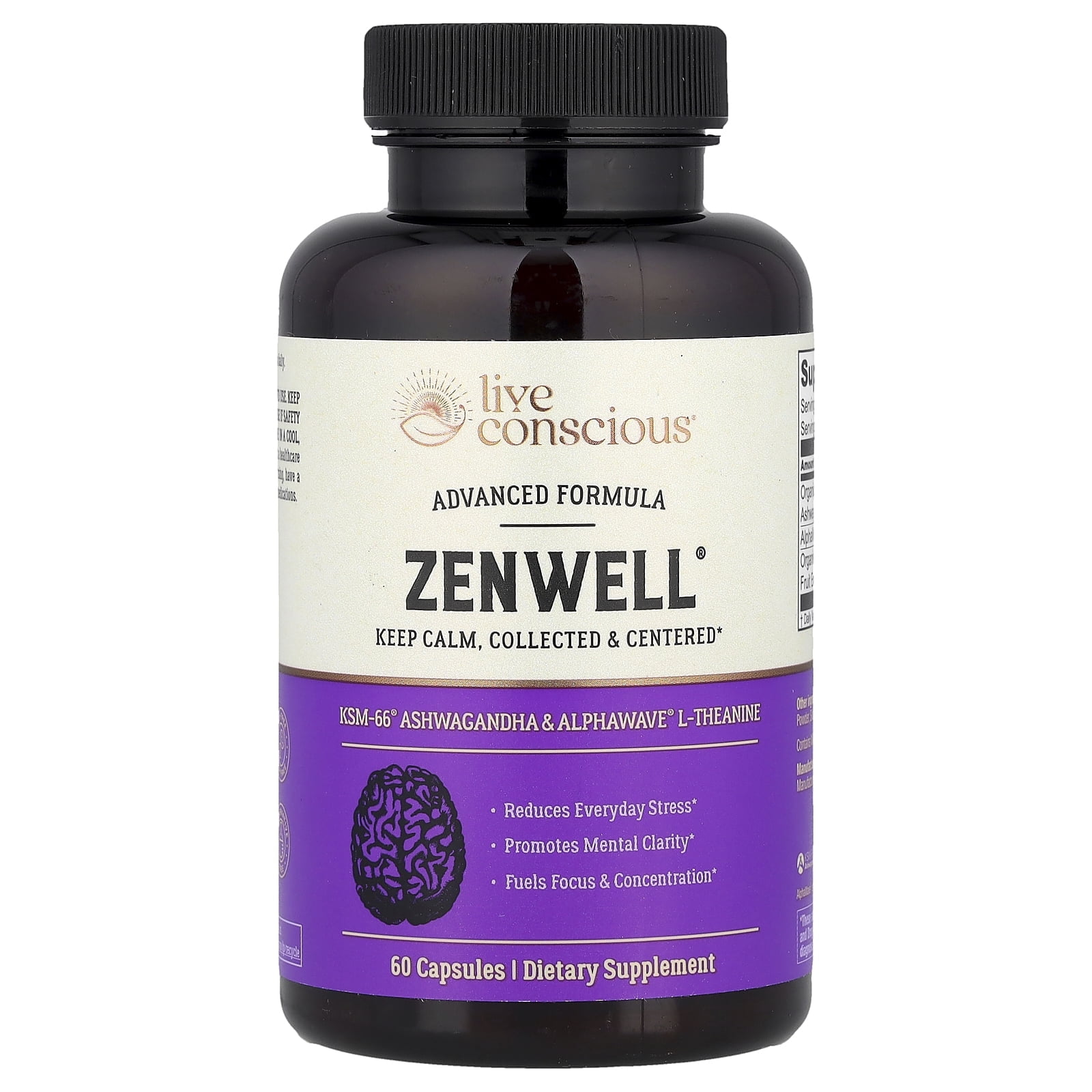Live Conscious ZenWell KSM-66 Ashwagandha & L-Theanine, Stress Relief, Sleep & Brain Health Support, for Men & Women 60 Capsules