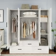 thumbnail image 6 of Wooden Armoire Wardrobe Closet with 4 Doors, 71" High Bedroom Wardrobe Closet with Mirror 3 Closet Drawers, Tall Cabinet Closet Wardrobe for Bedroom with Hanging Rod, Armoires and Wardrobes,White, 6 of 8