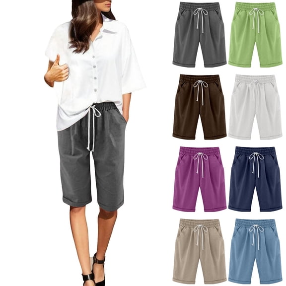 YanHoo Womens Plus Size Cotton Linen Shorts Elastic Waisted Drawstring Loose Bermuda Shorts Casual Work Business Short Pants with Pockets