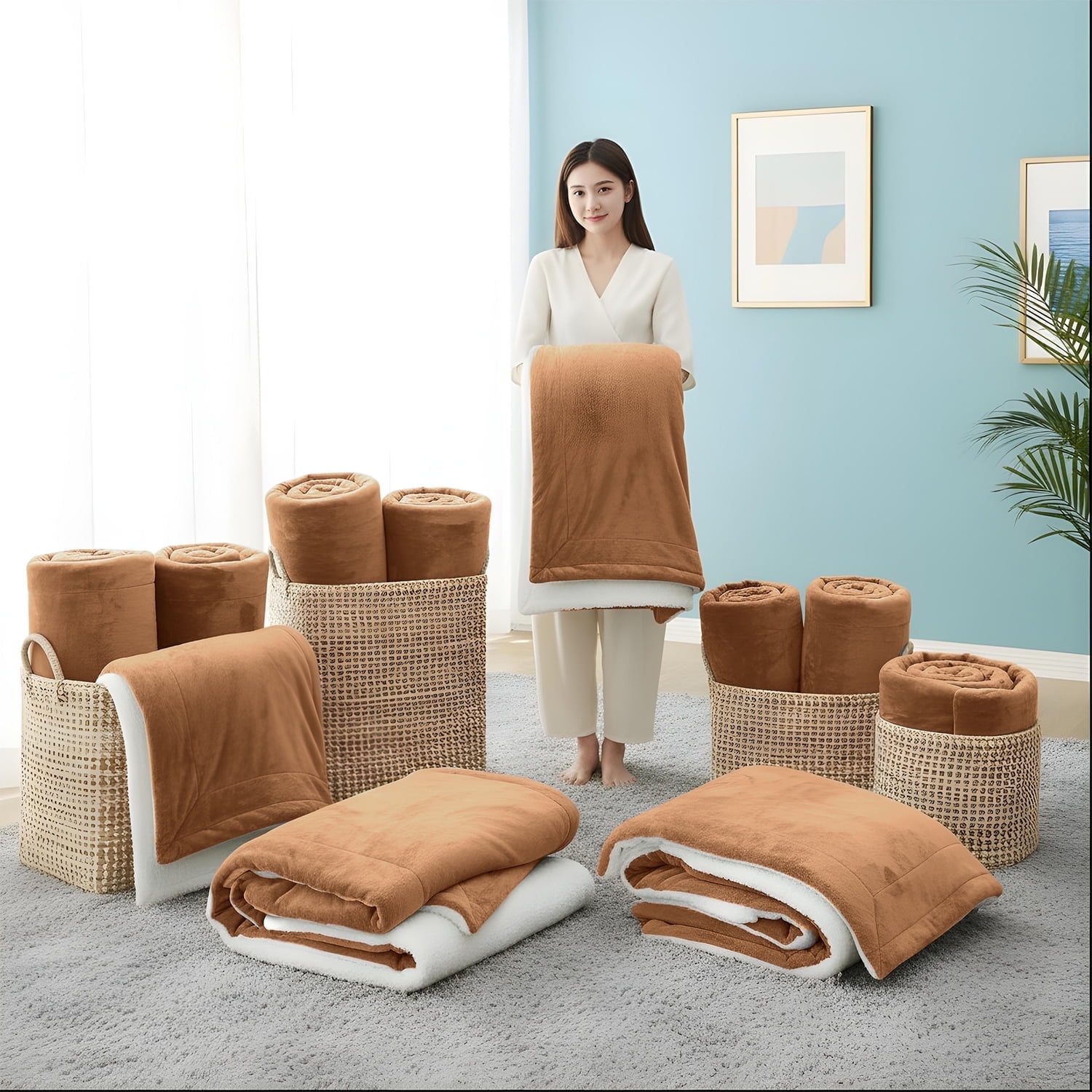 Moonlight20015 Wholesale Sherpa Fleece Throw Blankets 12-Packs Warm & Soft Plush Twin Size for Charity, Shelter, & Home Washable, Lightweight & Cozy Camel