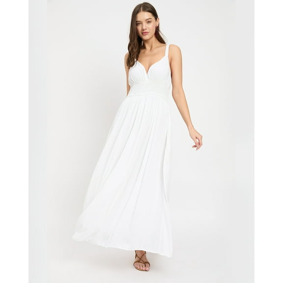 Oussum Women's Surplice Dress Rayon Long Evening Gown Formal Dress for Wedding, White