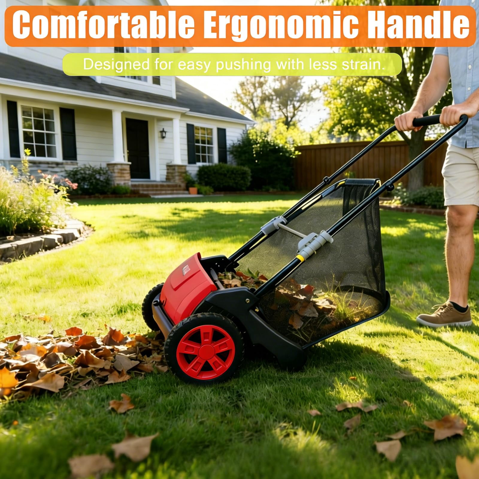 Manual Push Lawn Sweeper, 21-Inch Leaf & Grass Collector – 3.5 Cu. Ft. Collector Bag – Height-Adjustable Brushes – Collapsible for Yard & Driveway Cleanup – Red