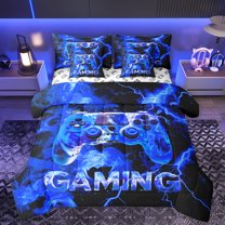 Manfei Gamepad Game Lovers 7-Piece Twin Bedding Sets,Teens Gaming Bedding Comforter Set,Deepblue Black Sheet Sets For Boys Kids,Ultra Soft Home Decor Reversible
