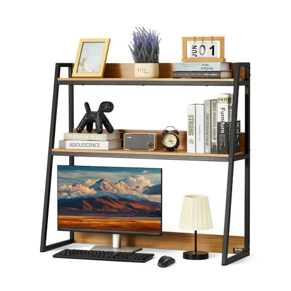 VEVOR Desktop Bookshelf, 2-Tier Desktop Storage Organizer, 37.4" x 12.6" x 35.4" Office Storage Rack Wood Color Display Shelf, Desktop Bookshelf Hutch with Anti-Slip Feet Pads, for Home & Dorm
