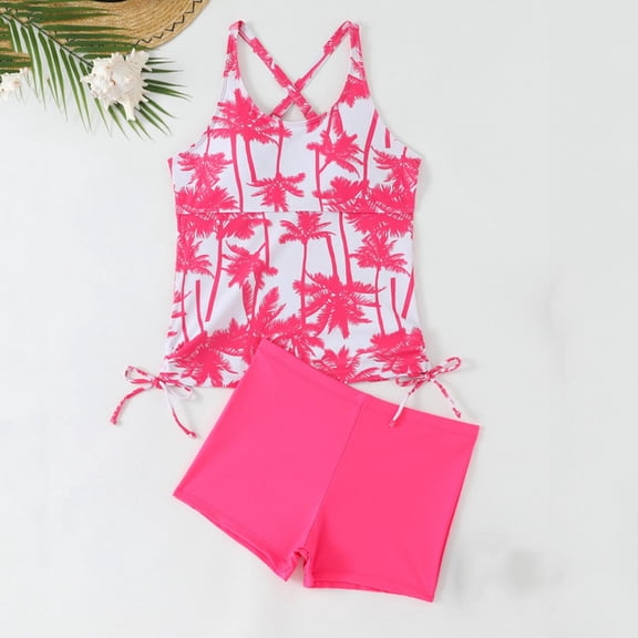 HOMBOM Swimsuit for Women Swimwear Modest Two Piece Pink High Waisted Boyshorts Ladies Bathing Suit,Tropical Floral,XL
