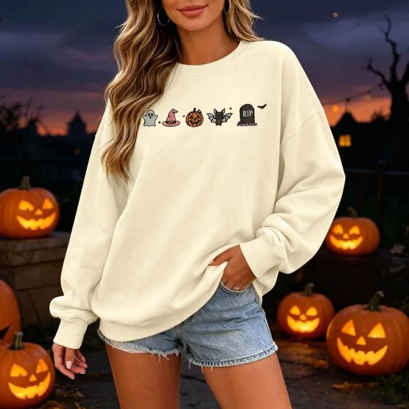 Womens Crew Neck Sweatshirts Vintage Halloween Element Icon Graphic Fall Casual Loose Pullover Tops Beige L