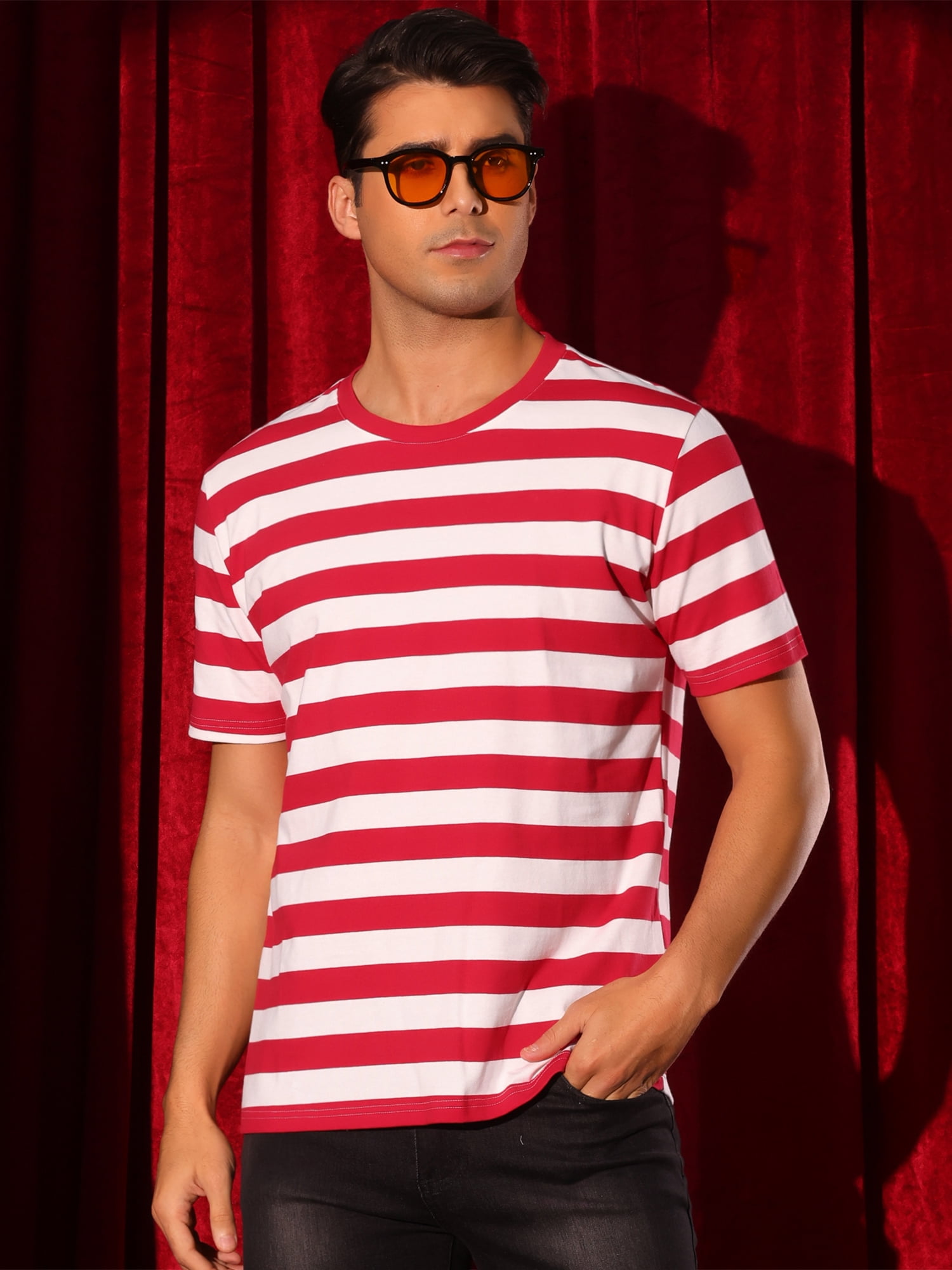 DARING DIVA Men's Striped Short Sleeve Crew Neck Casual Stripes T Shirt XL Red White