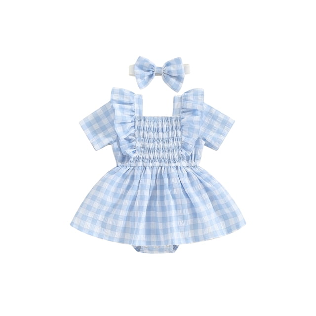 Gupgi Robe à Carreaux pour Bébé Fille 3M 6M 12M 18M 24M Combinaison à Manches Courtes à Volants Été une Pièce