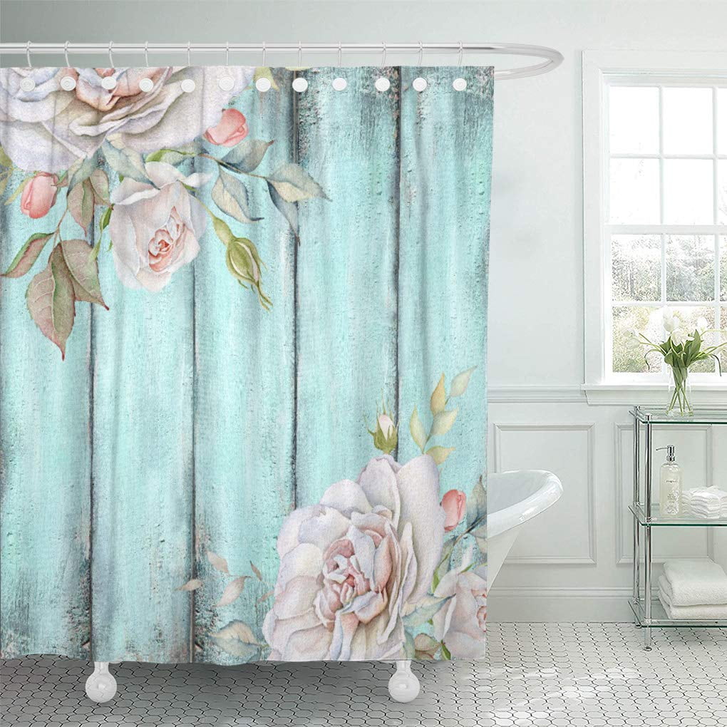 Flowers in Nature Decor of Rustic Wooden Windows Polyester Fabric Shower Curtain 