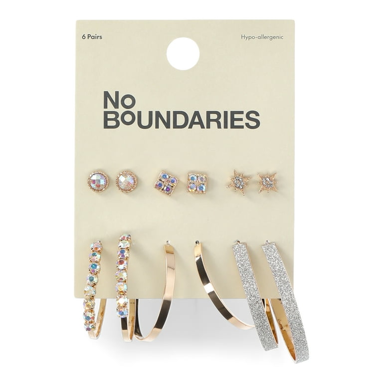 Star Stud Earring Set with Steel Posts and Rhinestone Center Pack of 6 Pair