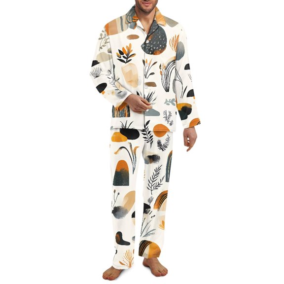 Xixirimido Boho Abstract Geometric Art Print Mens Pajamas Set Soft Notched Collar Pajamas for Men Long Sleeve Mens 2Piece Sleepwear with Pockets for Fall Winter, 3X-Large
