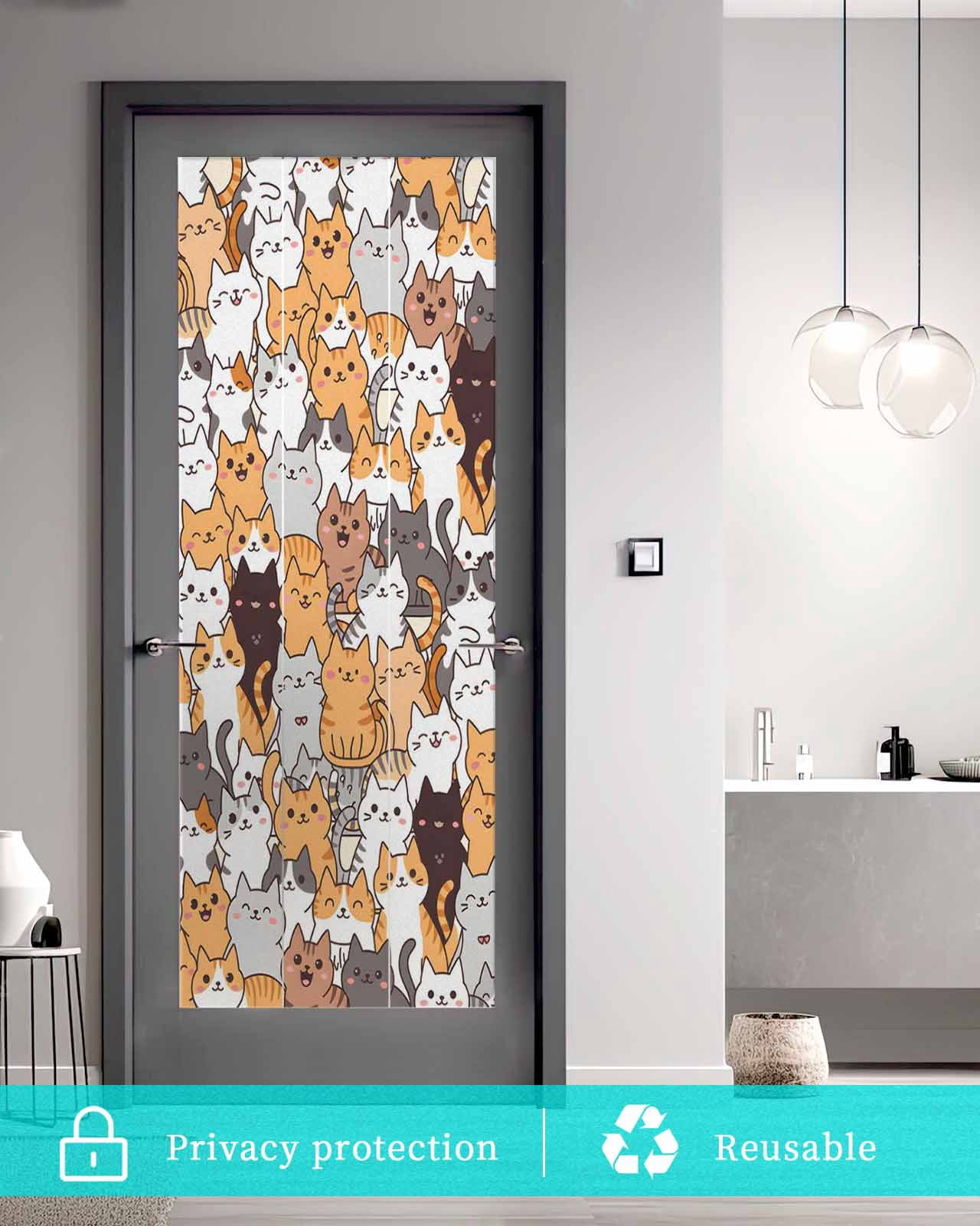 Window Privacy Film Cartoon Cat Stained Glass Window Film Decorative Sun Block Window Cover Modern Funny Cute Orange Gray Animals Window Clings Static Adhesive Sticker for Bathroom 23.6"x59"