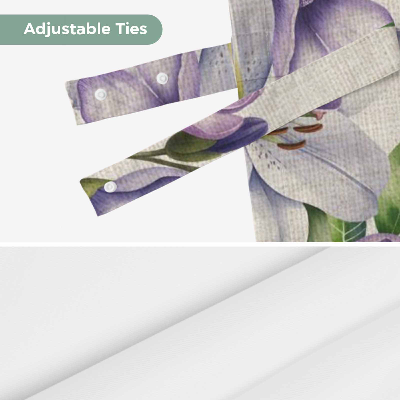 Purple White Flowers Tie Up Valance for Windows, Spring Plants Green Leaf Watercolor Linen Texture Adjustable Rod Pocket Tie Up Valance Curtains for Kitchen Bathroom Bedroom 60 X 18 Inch