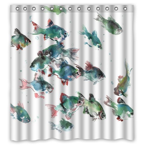 HelloDecor Fish Shower Curtain Polyester Fabric Bathroom Decorative
