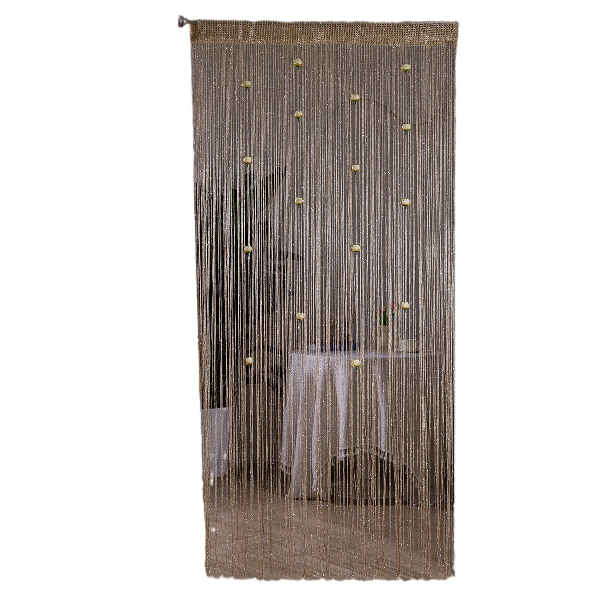 Rod‑Pocket Champagne Glitter String Curtain with Flower Beads Decorative