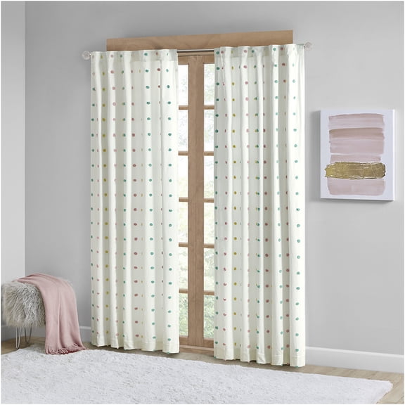 JERFIT Cotton Jacquard Pom Pom Curtain Panel, 50x84 Inch Window Curtain with Back Tabs & Rod Pocket, Multi-Color Textured Decor for Bedroom