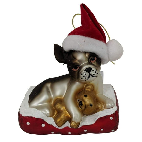 Christmas By Krebs Blown Glass Collectible Tree Ornaments (4" Dog with Santa Hat and Teddy Bear)