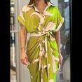 thumbnail image 3 of Vestido Camisero Fruncido con Botones para Mujer, Corta, Solapa, Cuello en V, Elegante Vestido Maxi Floral de Fiesta con Cinturón Amarillo M, 3 of 4