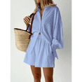 thumbnail image 4 of Conjunto de Dos Piezas para Mujer: Blusa Holgada de Larga Abullonada y Pantalones Cortos de Cintura Alta con Bolsillos Laterales. Azul M, 4 of 6