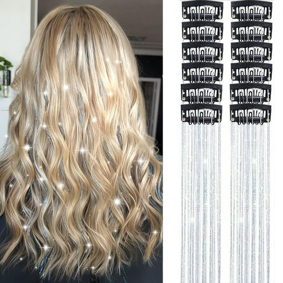 12-Pack Silver Glitter Hair Extensions, Realistic, Suitable for All Face Shapes and Skin Tones, Ideal for Festival Day and Daily Use