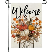 Fall Floral Pumpkins Garden Flag 12x18 Inch Double Sided Small Burlap Autumn Mason Jar Holiday Flag for Outside Yard Welcome CF1548-12