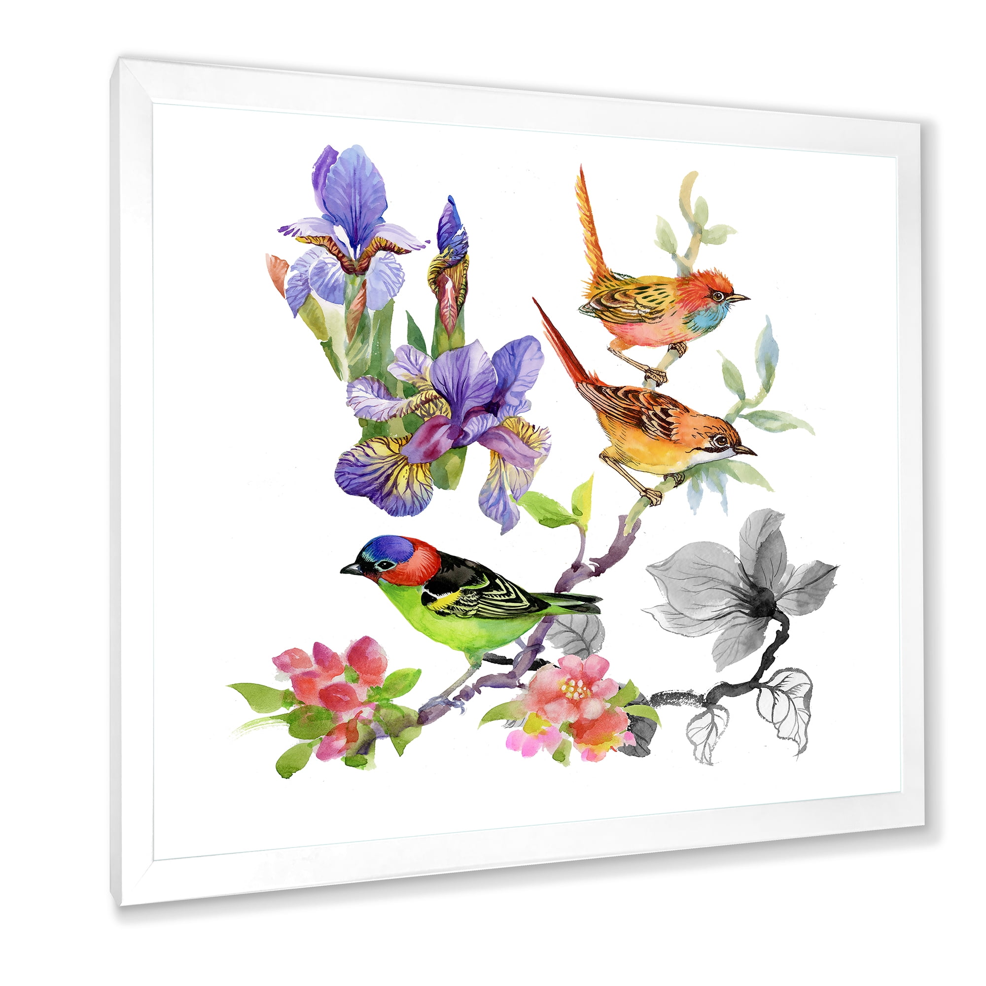 Designart 'Colourful Birds and Tropical Flowers I' Traditional Framed Art Print