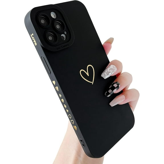 Compatible with iPhone 13 Pro Max for Women Girls Cute Design Soft Silicone Camera Protection Protective Lovely Heart Phone Case for iPhone 13 Pro Max 6.7" (Heart) (1- Black)