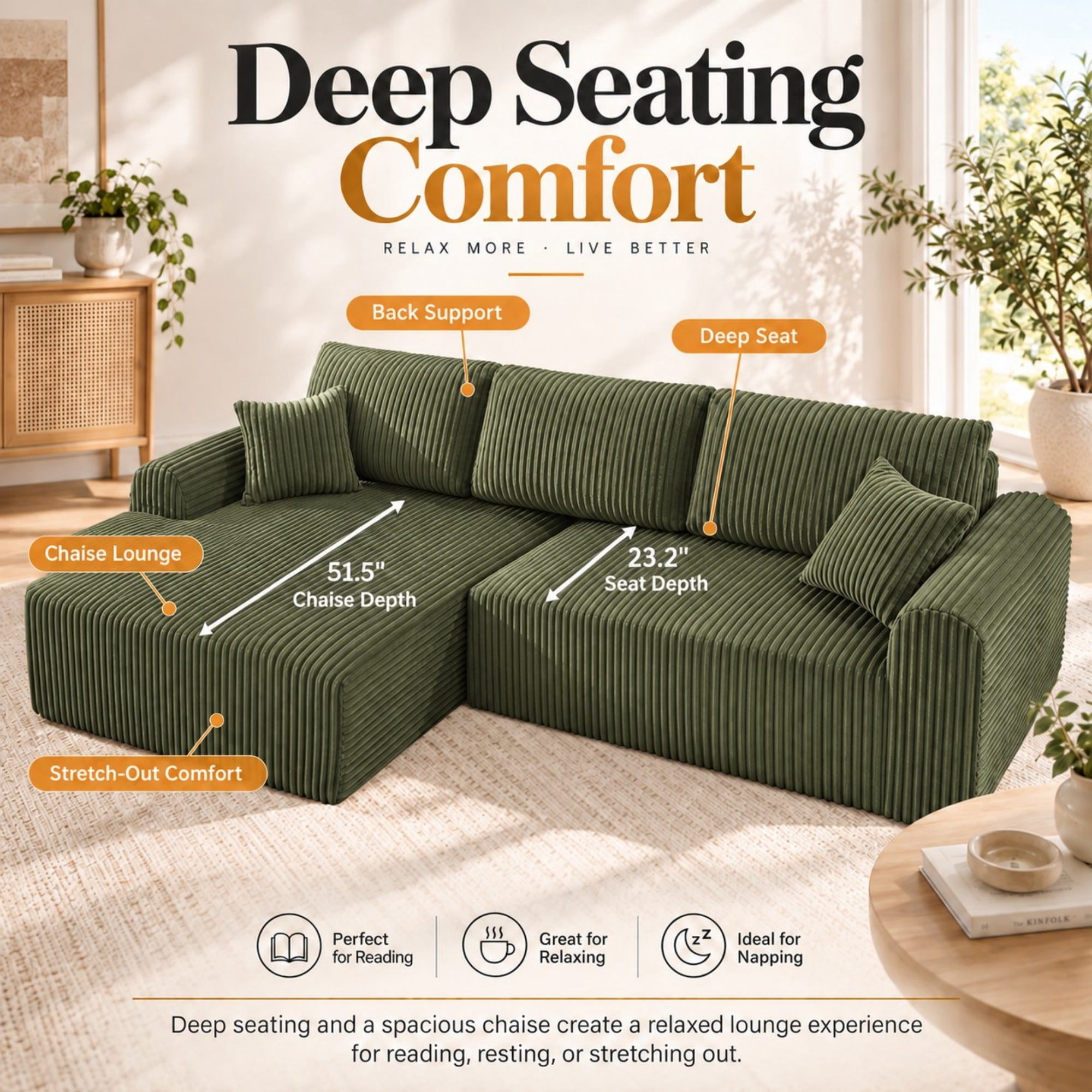 DEALTOPS 109" Corduroy L-Shape Floor Cloud Couch, Deep Seat Modular Sectional Sofa, Left Chaise, Green