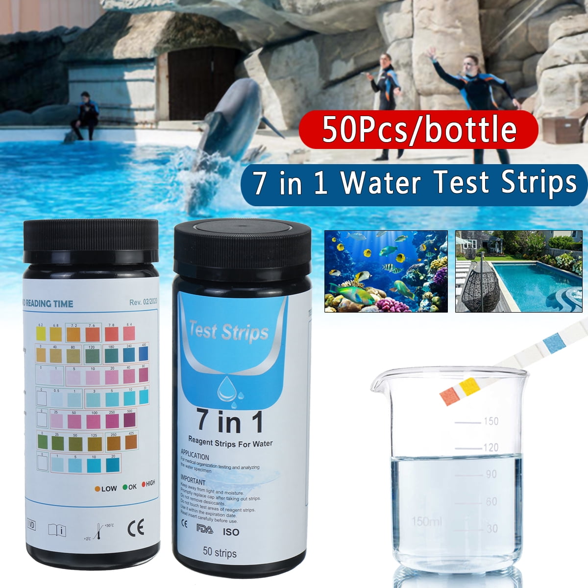 50Pcs/Bottle 7 in 1 Water Test Strips, Aquarium Fish Tank Water Tropical Test Strips; Nitrite