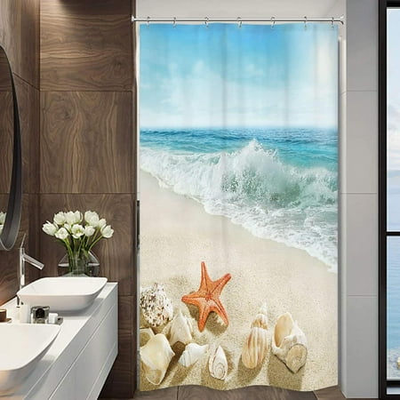 

Stall Small Shower Curtain 36Wx72H Inch Half Beach Starfish Ocean Seashell Coastal Sea Wave Seaside Island Summer Scenery Decor Fabric Polyester Waterproof Fabric 7 Pack Plastic Hook WW-IHTB