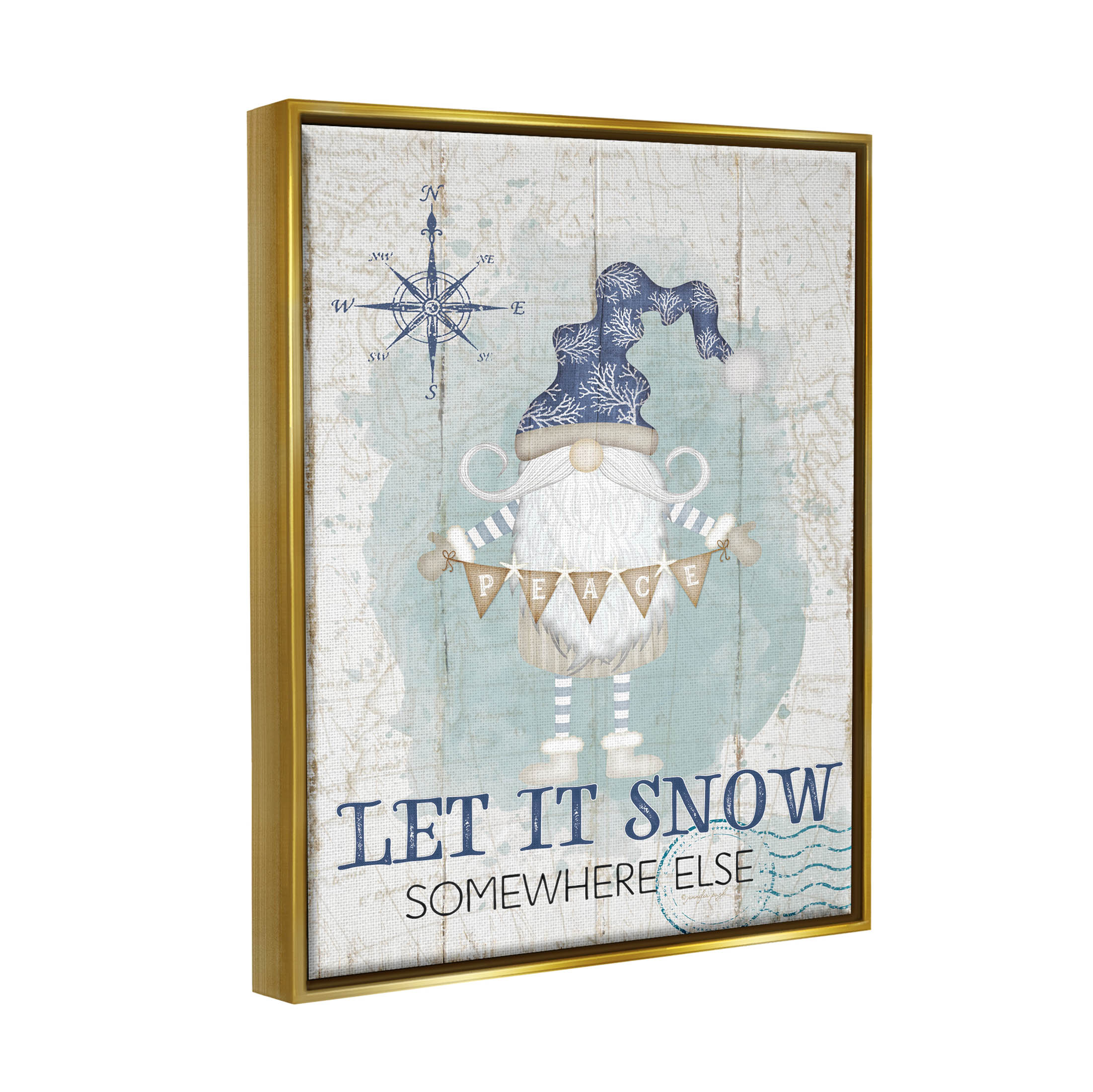 Stupell Industries Let It Snow Somewhere Else Gnome Graphic Art Metallic Gold Floating Framed Canvas Print Wall Art, Design by Jennifer Pugh