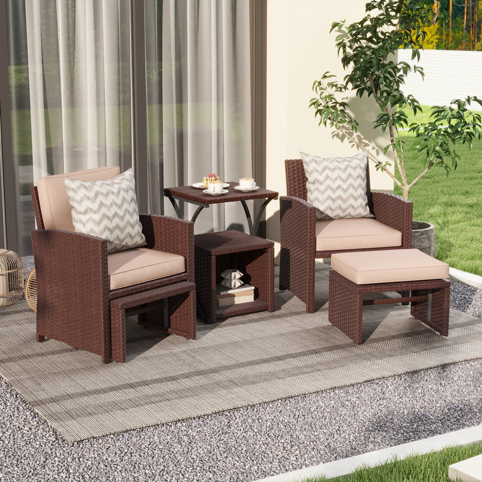 JOIVI 6 Piece Patio Wicker Furniture Set, Rattan Outdoor Chairs, with Beige Cushioned Ottoman, Resin Nesting Table, Modern Design, Beige & Brown