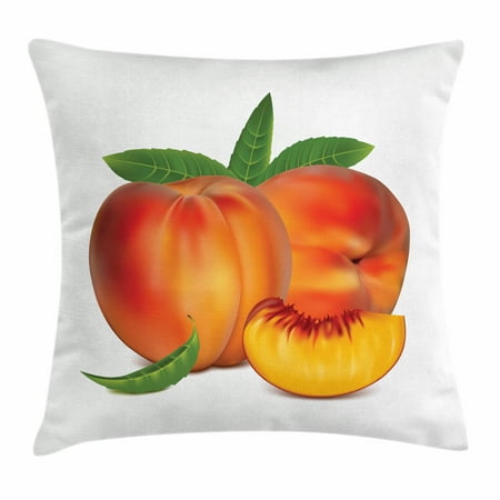 Peach Throw Pillow Cushion Cover, Vivid Juicy Fruit for Vegetarian Diet Slice of a Healthy Vitamin Rich Snack, Decorative Square Accent Pillow Case, 18 X 18 Inches, Vermilion Green, by
