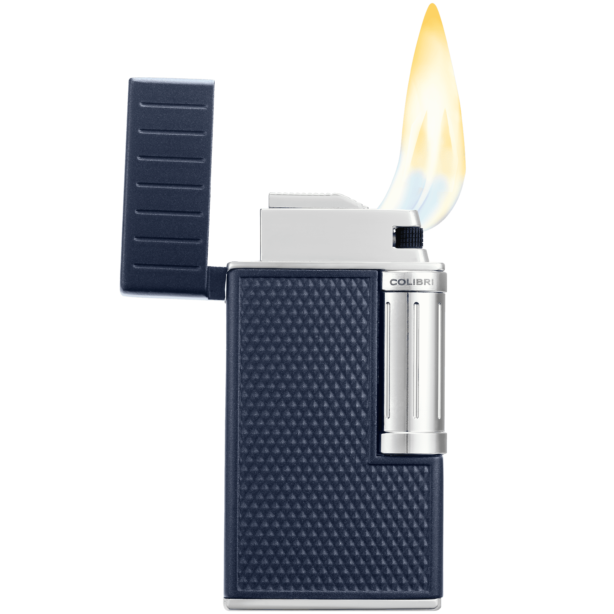 Colibri Julius Double Flame Butane Flint Cigar Lighter with Diamond-Pattern Case, Windproof & Refillable, Cigar Enthusiast's Choice with Blue Fuel Window and Adjustable Flame (Navy, Chrome)