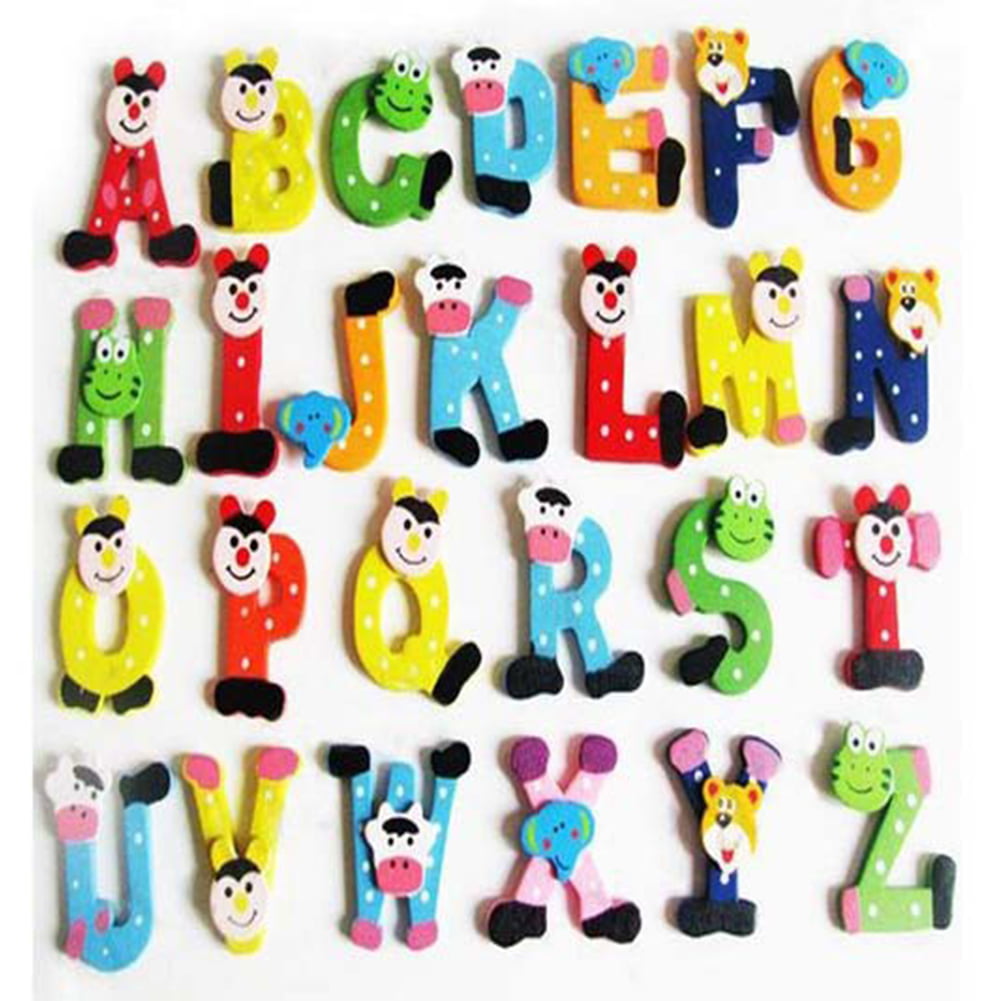26pcs Cartoon Animal Wooden Magnetic Letters Fridge Magnets ABC Learning Toy 