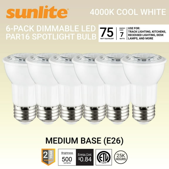 Sunlite LED PAR16 Long Neck Recessed Spotlight Bulb, 7 Watt, (75W Halogen Replacement), Medium E26 Base, Dimmable, ETL Listed, 4000K Cool White, 6-Pack