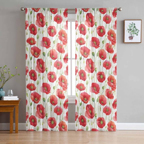 ERUNPONLY Red Poppy Sheer Curtains 84 Inch Length 2 Panels Set, Pastoral Flowers Green Leaves Vintage Botanical Voile Window Treatment Curtains Sheers Drapes for Bedroom/Living Room/Kitchen 52"x84"x2