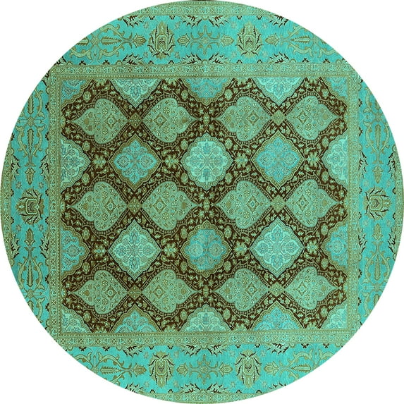 Ahgly Company Machine Washable Indoor Round Oriental Turquoise Blue Industrial Area Rugs, 5' Round