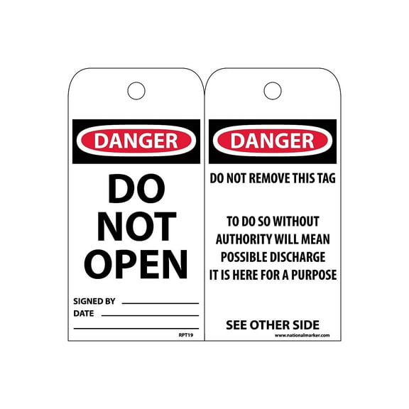 National Marker Accident Prevention Tags; Danger Do Not Open 6X3 Unrip Vinyl 25/Pk RPT19