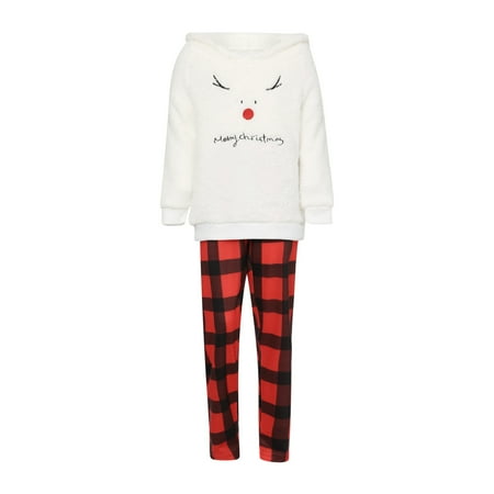 

Christmas Family Pajamas Set Deer Embroidery Long Sleeve O-neck Tops+Plaid Print Trousers