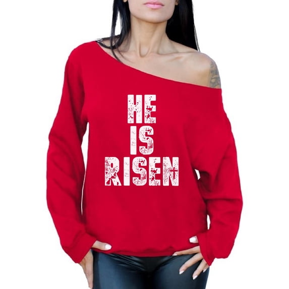 Awkward Styles He Is Risen Off Shoulder Sweatshirt Christian Oversized Sweater for Women Happy Easter Gifts for Her Bible Verse Matthew 28:6 Easter Jesus Off The Shoulder Top for Women Christian Gifts
