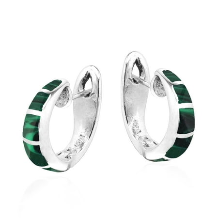 Simple Elegance Malachite Inlay Sterling Silver Hoop Huggie Earrings