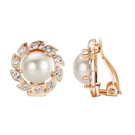 Yoursfs Ivory Faux Pearl Clip on Earrings for Women Non Pierced Ears Rose Gold Plated Clip Earrings with Spiral Austrial Crystal Decorated Edge