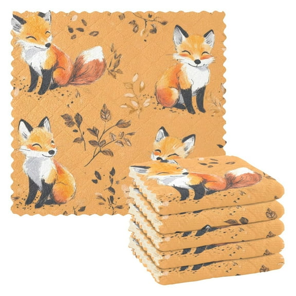 6 Pieces of Kitchen Towels 11x11Inch Kitchen Dish Cloths Kitchen Dish Towels Reuseable Cleaning Cloths Fox and Leaf