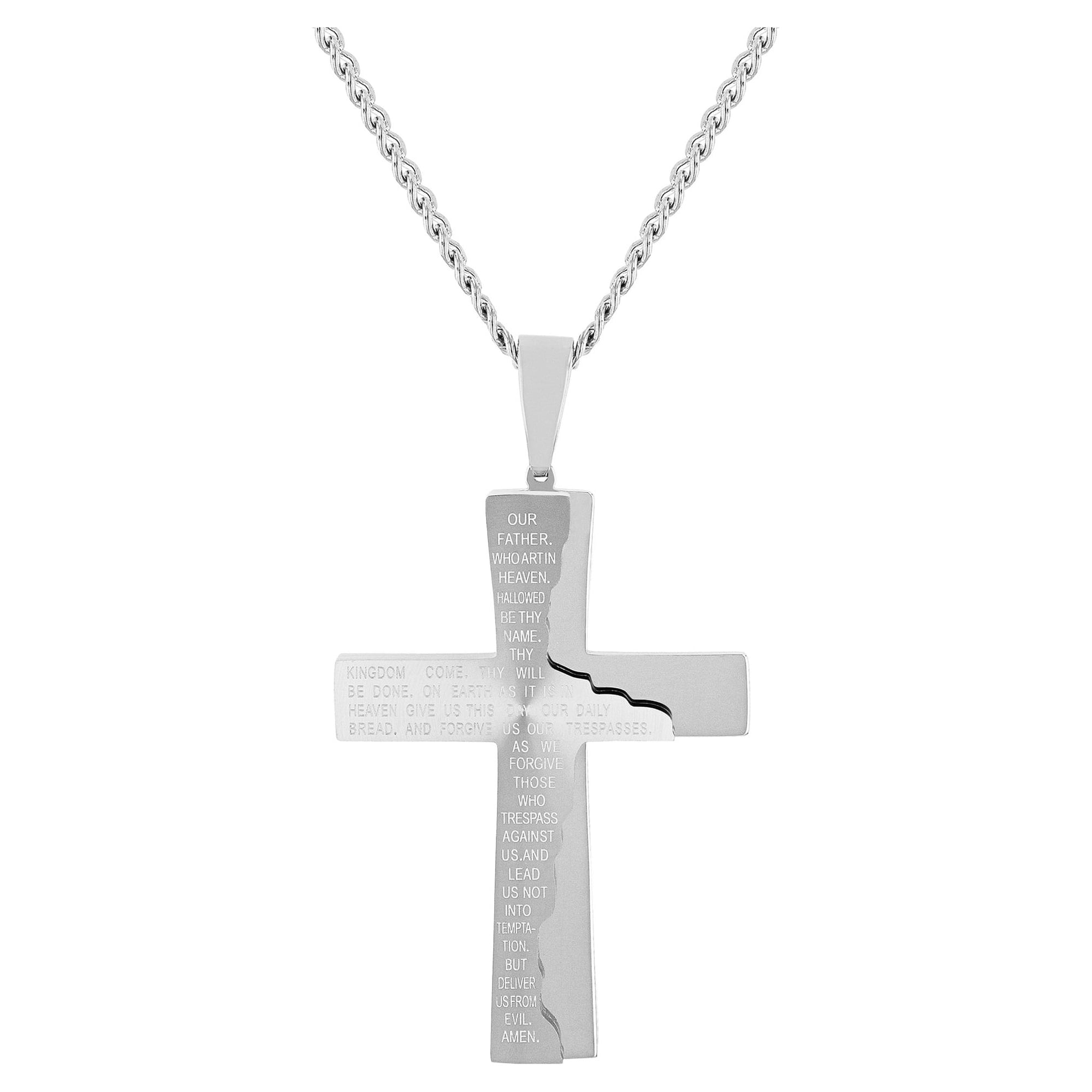 Men's Silver-Tone Stainless Steel The Lord's Prayer Tablet Cross Pendant - Brilliance Fine Jewelry