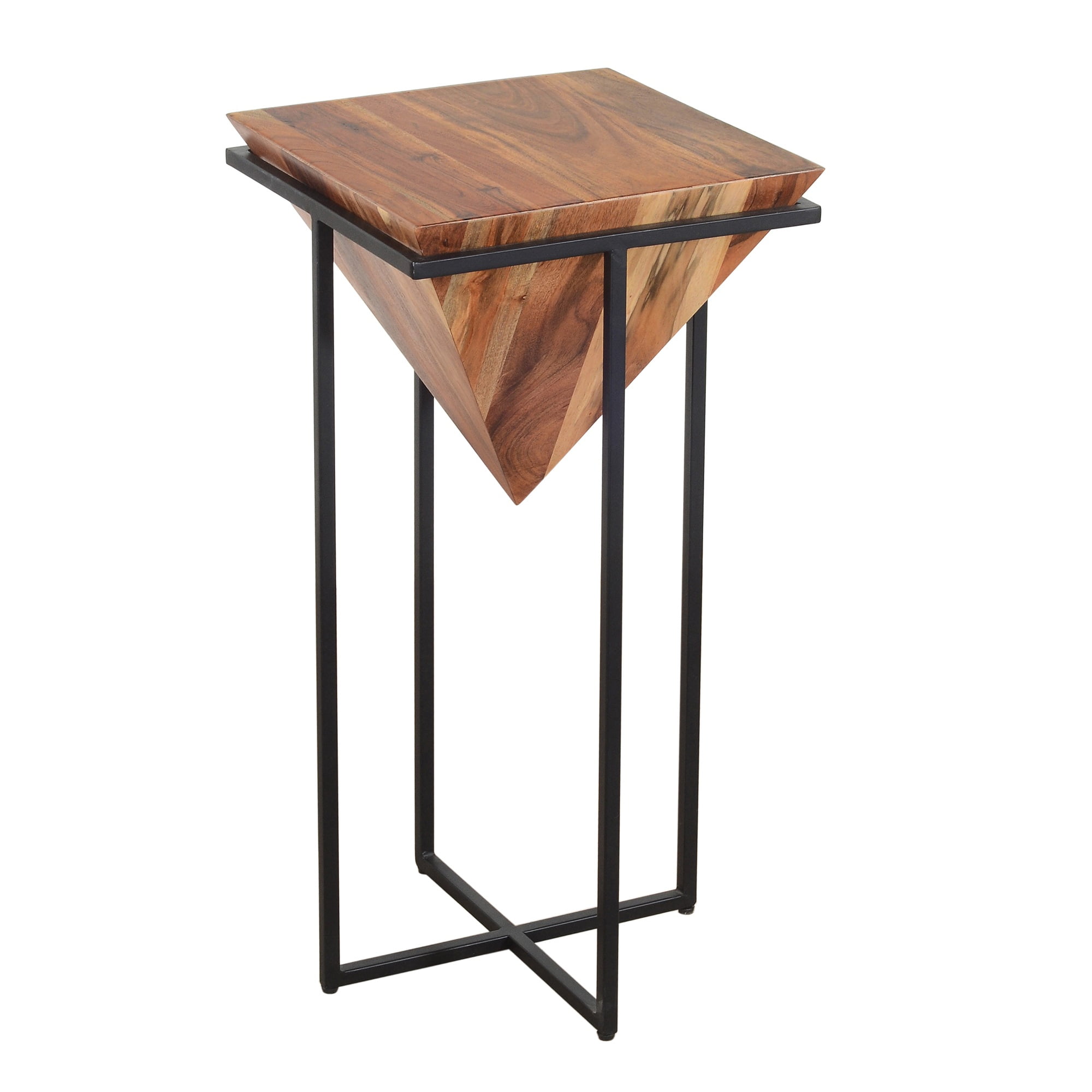 30 Inch Pyramid Shape Wooden Side Table With Cross Metal Base, Brown