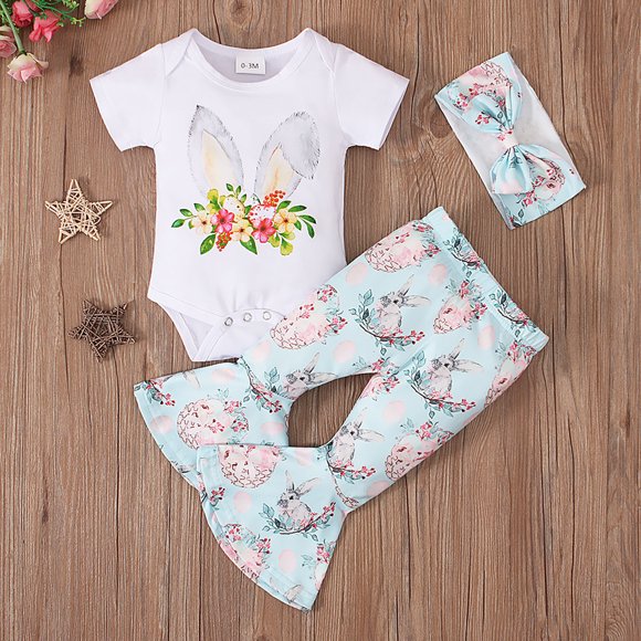 Hfolob Toddler Girl Clothes Outfits Easter Bunny Print Short Sleeve Romper Bodysuit Pompon Bottoms With Headband Cute 2 Piece Outfits 6-12 Months