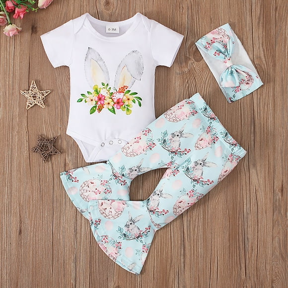 Hfolob Toddler Girl Clothes Outfits Easter Bunny Print Short Sleeve Romper Bodysuit Pompon Bottoms With Headband Cute 2 Piece Outfits 6-12 Months