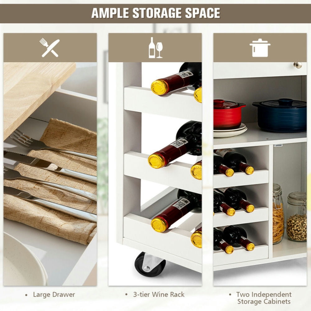 Finihen Rolling Storage Cabinet Cart, Kitchen Island Cart, Kitchen Cart with Rubber Wood Top 3 Tier Wine Racks 2 Cabinets, for Kitchen, Dining Room, White Finihen Rolling Storage Cabinet Cart, Kitchen Island Cart, Kitchen Cart with Rubber Wood Top 3 Tier Wine Racks 2 Cabinets, for Kitchen, Dining Room, White